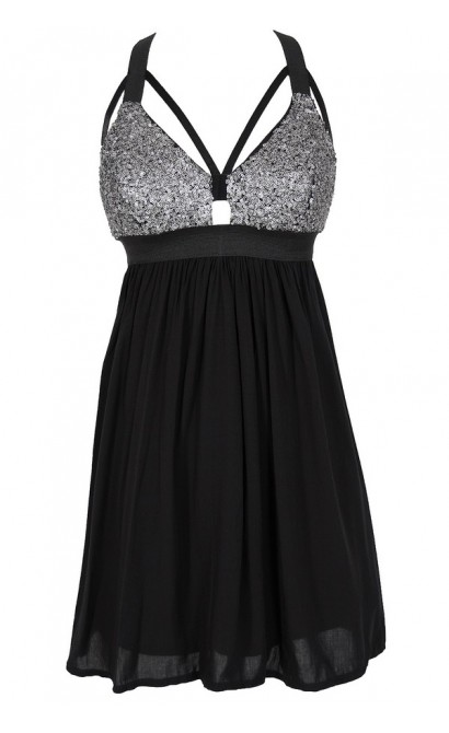 Shining Armor Sequin Designer Cutout Party Dress in Black/Silver